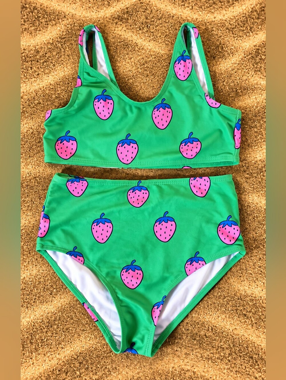 Cotton On Kids Girls Size 8 Green Pink Strawberry 2 Piece Swimsuit